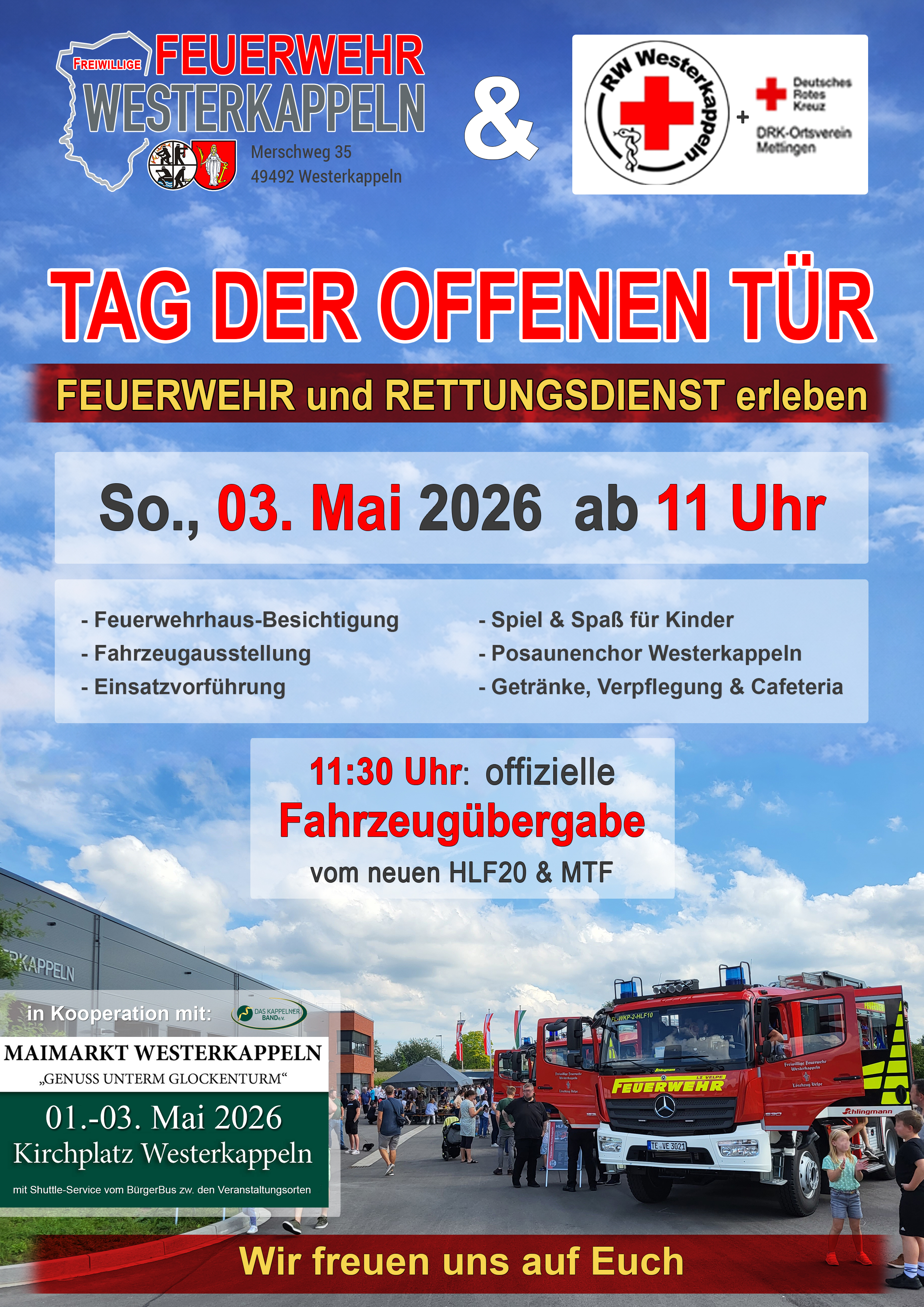 Tag der offenen Tür am 3. Mai 2026 ab 11 Uhr + große Fahrzeugübergabe um 11:30 Uhr Tag der offenen Tür - 3. Mai 2026 ab 11 Uhr + große Fahrzeugübergabe um 11:30 Uhr