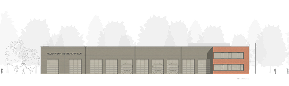 FGH Neubau Westerkappeln - Südansicht: Front der Fahrzeughalle (von Mettinger Straße aus)