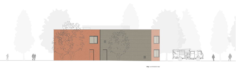 FGH Neubau Westerkappeln - Westansicht: Seintenansicht Rückwärtiger Sozial & Arbeitstrakt + Fahrzeughalle (von der Rettungswache aus aus)